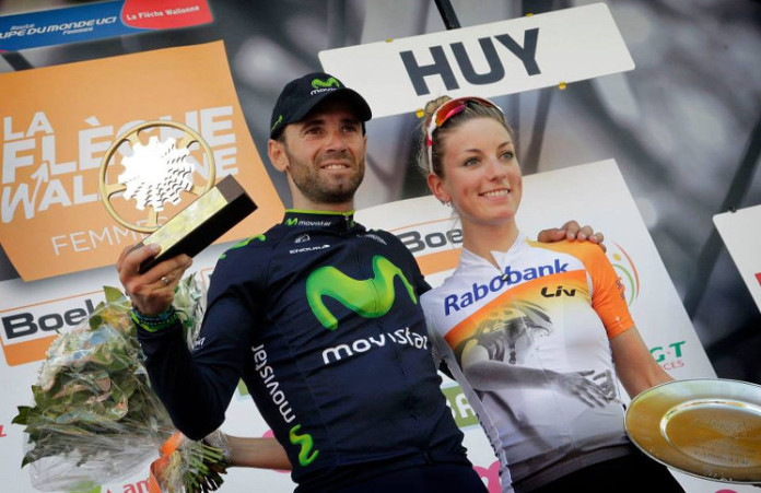 Alejandro Valverde and Pauline Ferrand-Prevot on 2014 Fleche Wallonne podium
