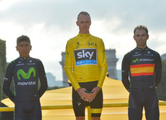 2015 Tour de France winner Chris Froome, runner up Nairo Quintana and thirs place Alejandro Valverde