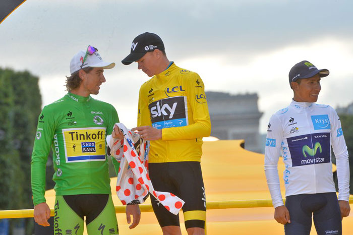 2015 Tour de France jersey winners, Chris Froome overall and mountains, Nairo Quintana young rider and Peter Sagain points classification