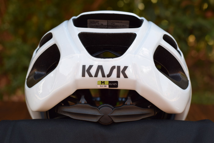 Rear view of the kask protone helmet showing six air exhaust ports