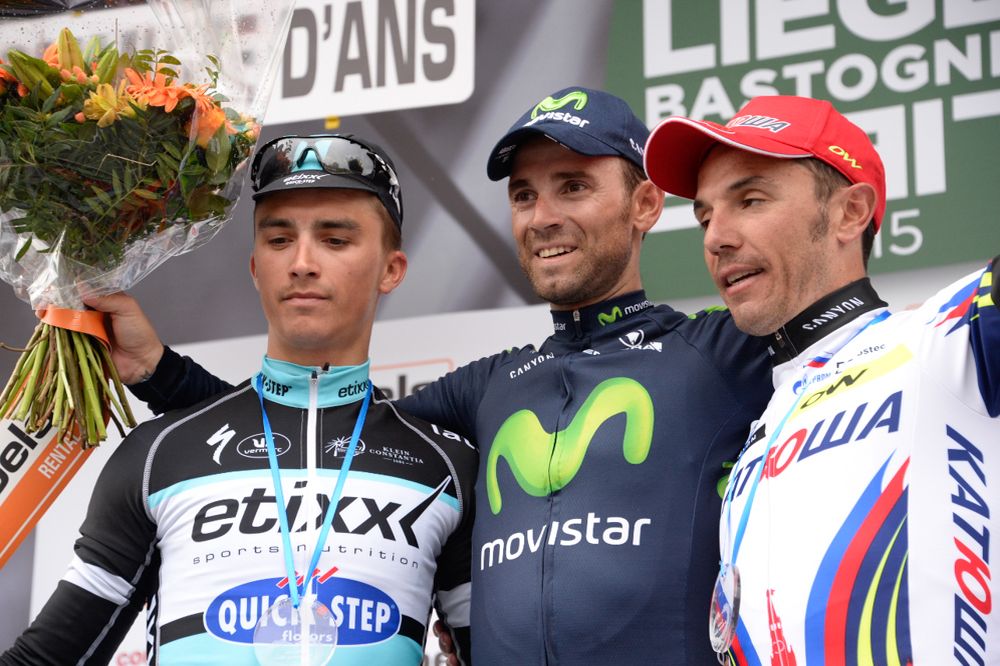 2015 liege-bastogne-liege podium Alejandro Valverde, Julian Alaphilippe and Joaquin Rodriguez