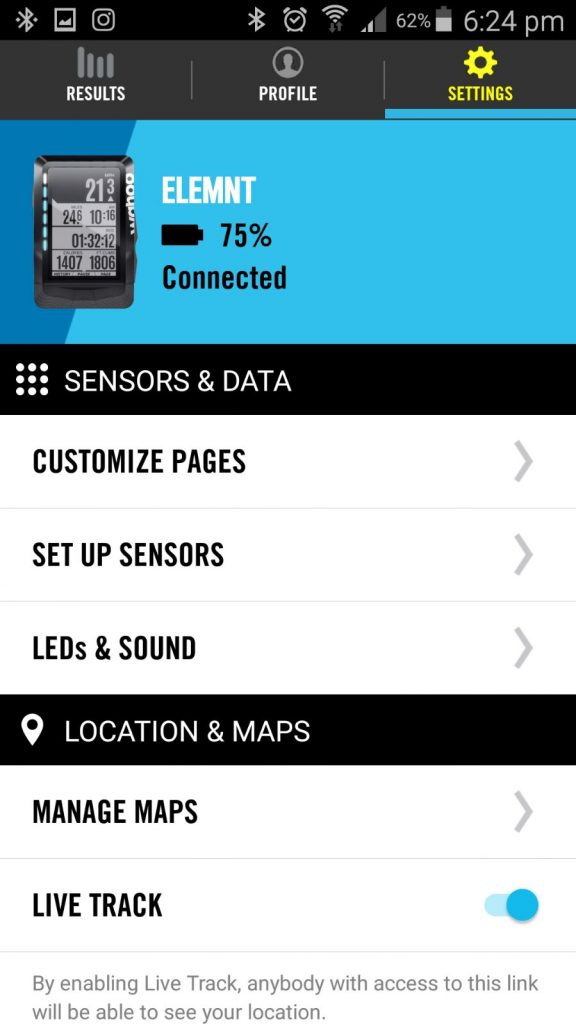 Wahoo ELEMNT app home screen